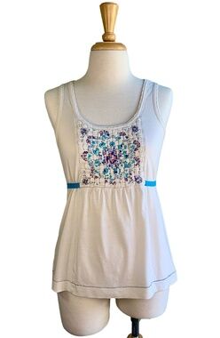 Anthropologie Artisan Top Shirt Ivory Blue Basket Weave Tie Back Tank Women Sz S